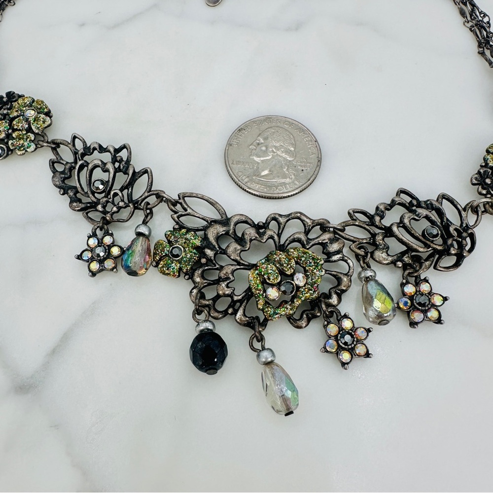 Chico's Signed Romantic Necklace Antiqued Silver AB Dangle Faceted Beads 15 -25” - Picture 8 of 10